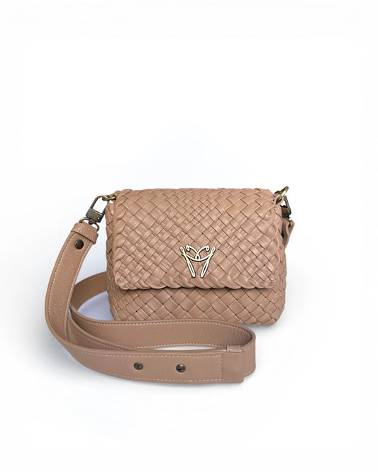 Beige woven handbag with a visible brand logo on a white background